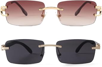 2PC Sunglasses for Men Women, Rectangle Rimless Sunnies and Gold Metal Frame Shades