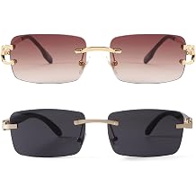 2PC Sunglasses for Men Women, Rectangle Rimless Sunnies and Gold Metal Frame Shades