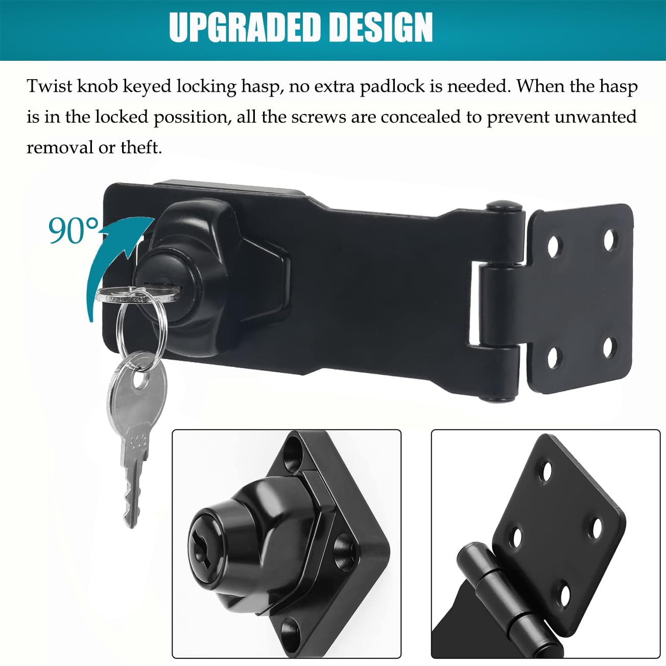 Cerradura de cerrojo de ángulo recto de 90 grados con llave igual, cerrojo pequeño hebilla de pestillo de seguridad para puerta, cerradura de cobertizo de candado (Black 2.5 Inch)