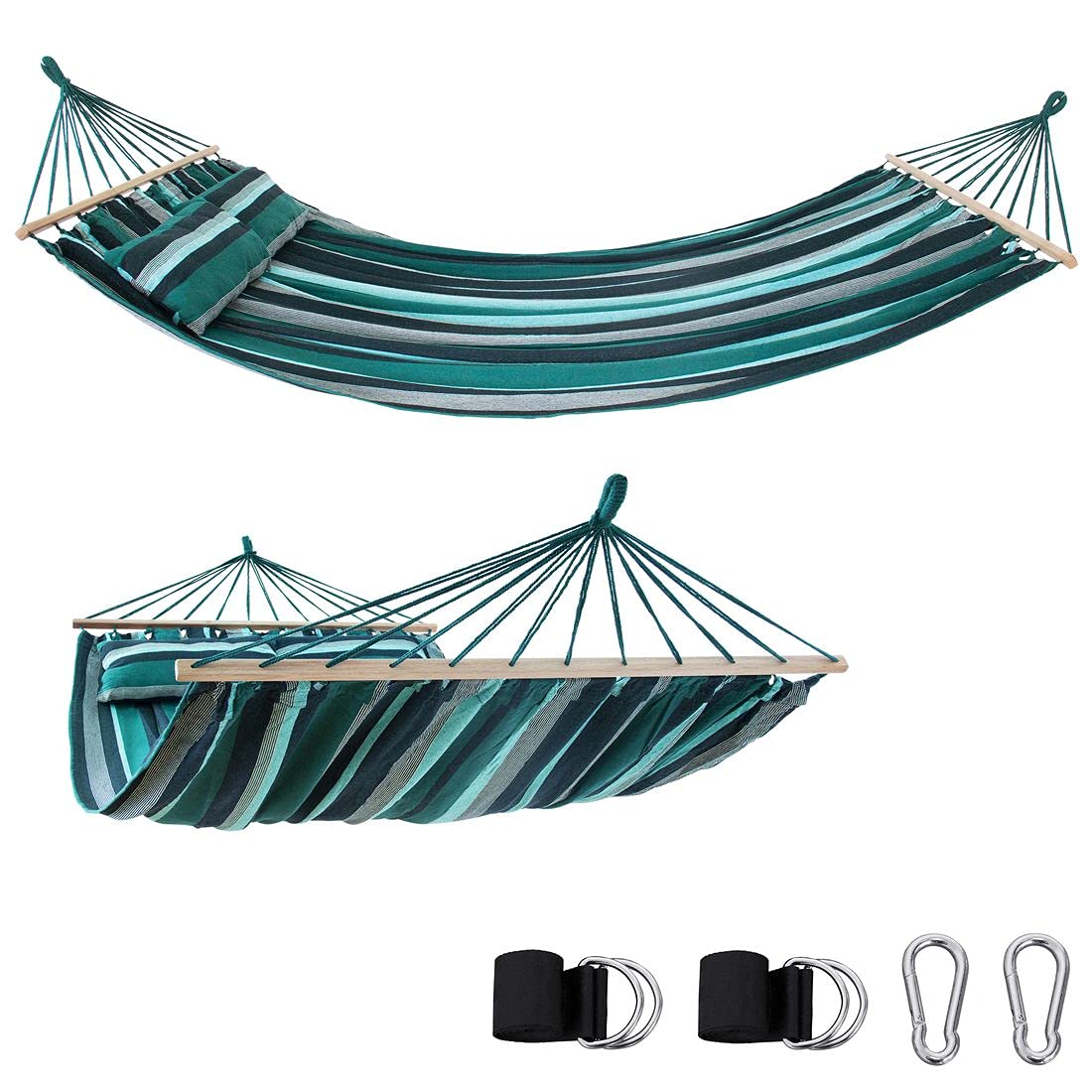 yourGEAR Kauai Hamac XXL 240 x 160 cm avec coussin | Charge maximale 300 kg | Émeraude ou Aqua | Coton | Hamac à barres idéal pour 2 personnes | Certifié TÜV | Kit de fixation inclus