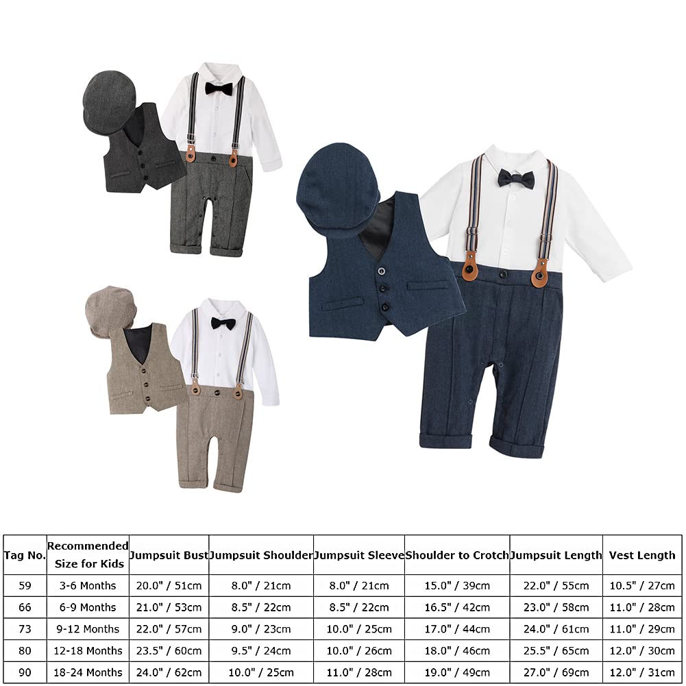 Taufanzug Junge Baby Neugeborenes Taufe Geburtstag Festliche Hochzeit Anzug Langarm Fliege Overalls Strampler+Weste+Mütze 3tlg Bekleidungssets klamotten Taufbekleidung Babykleidung Braun 3-6 Monate