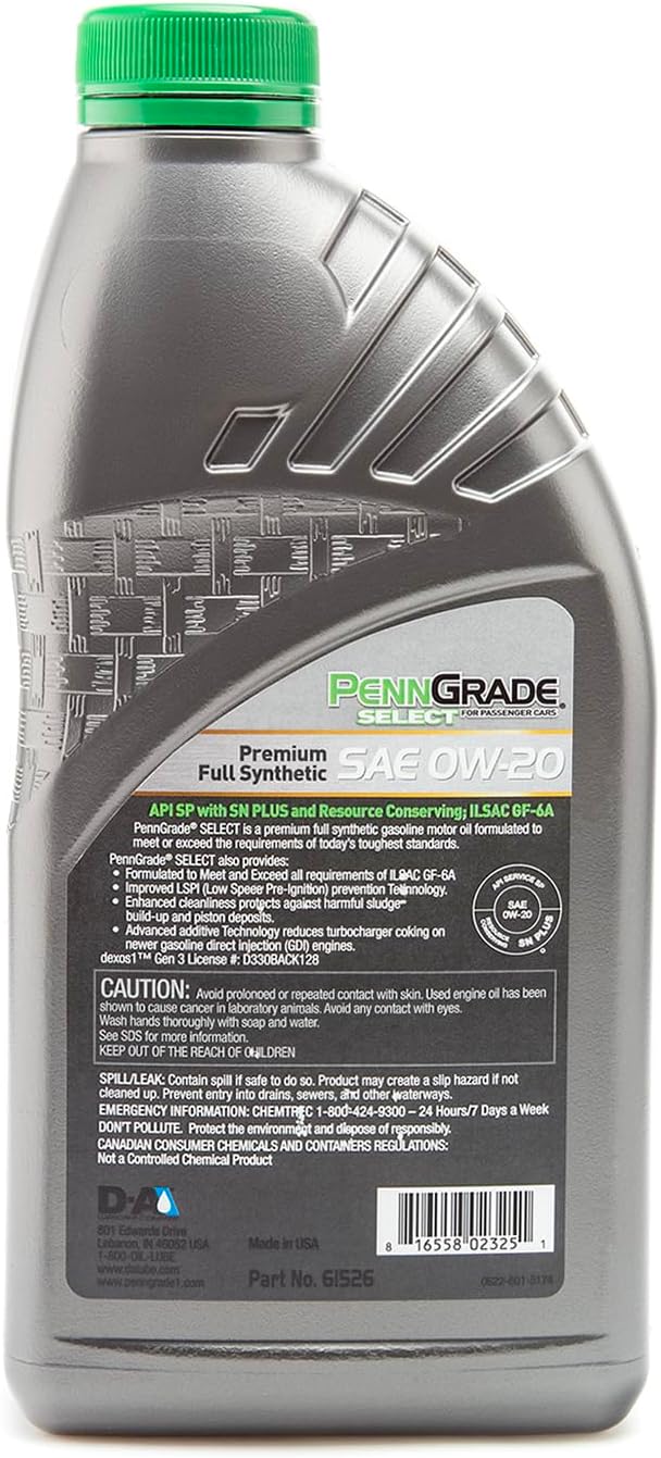 PENN GRADE 61526, Select Premium Full Synthetic Motor Oil SAE 0W-20, 1 Quart (Pack of 2)