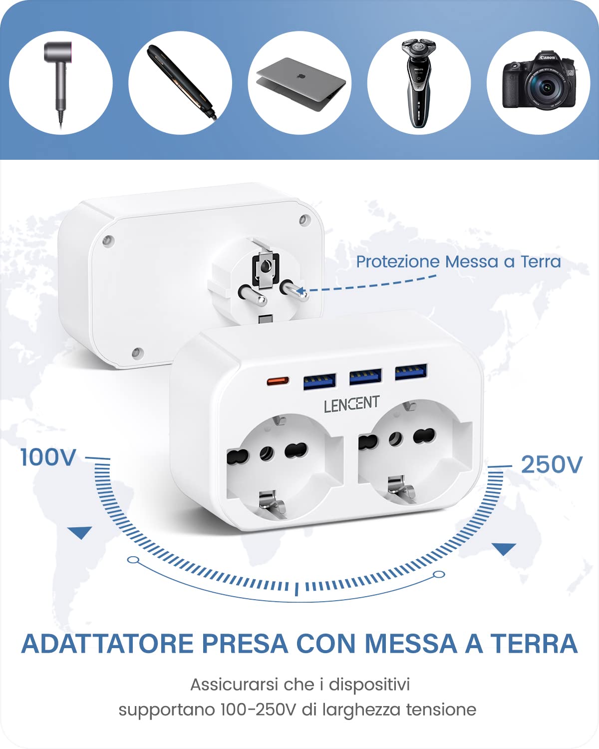 LENCENT Adattatore Spina EU da Viaggio, Presa Italiana con 2 Prese e 3 USB e 1 USB-C, Adattatore Spina Europa per Germania,Francia, Spagno, Adattatore Multipresa Europa 4000W -Bianco