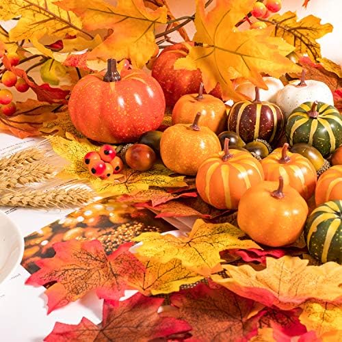 Whaline 160 Pcs Autumn Artificial Maple Leaves, Harvest Pumpkins, Gourds, Acorns and Orange Berry Stems Set, Fall and Thanksgiving Home Table Decoration Halloween Party Decor