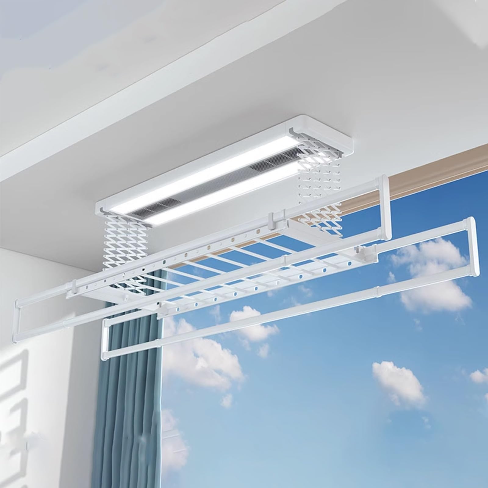 JKJZSALJ Clothes Drying Rack Foldable Compact With Load Of 35Kg, Indoor Clothes Drying Rack Retractable 135-220Cm For Large Sheet, Ceiling Clothes Drying Rack Electrical,White