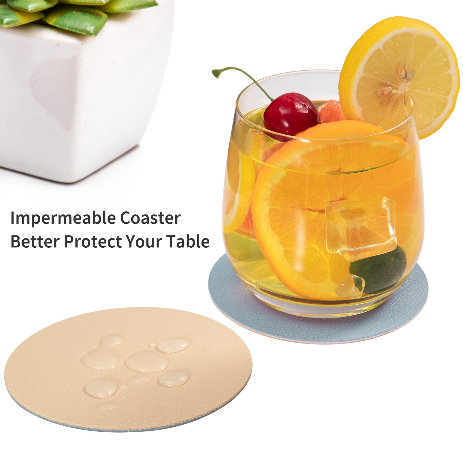 Chitomars Faux Leather Drink Coasters with Holder, Dual Sided Sets of 12, Beige Yellow Light Blue, Round - Image 2