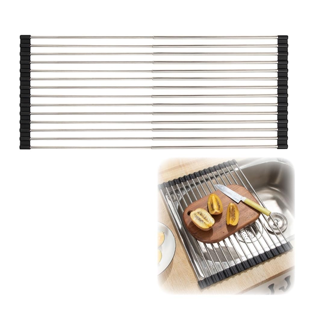 Escurridor de Platos telescópico Enrollable Resistente al Calor de 15 a 23,6 Pulgadas, Plegable y Antideslizante, de Acero Inoxidable.