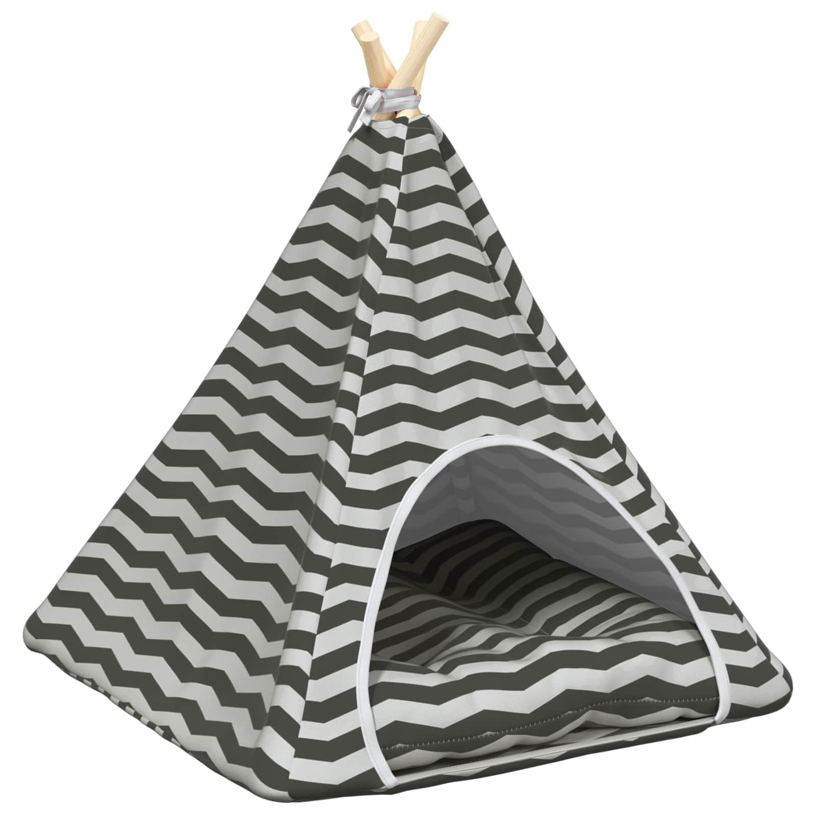 Tente tipi pour chat, blanc/gris, 60 x 60 x 70 cm, avec coussin, en polyester respirant, pour chiens et chats, motif rayé moderne, pour l'intérieur et l'extérieur