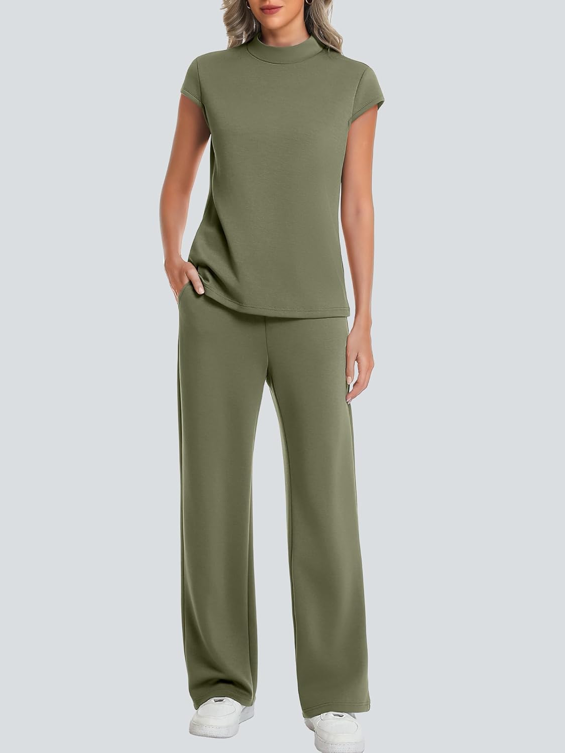 Casly Lamiit Two Piece Sets for Women 2026 Summer Travel Outfits Mock Neck Cap Sleeve Tops Lounge Set Wide Leg Pants - Image 3