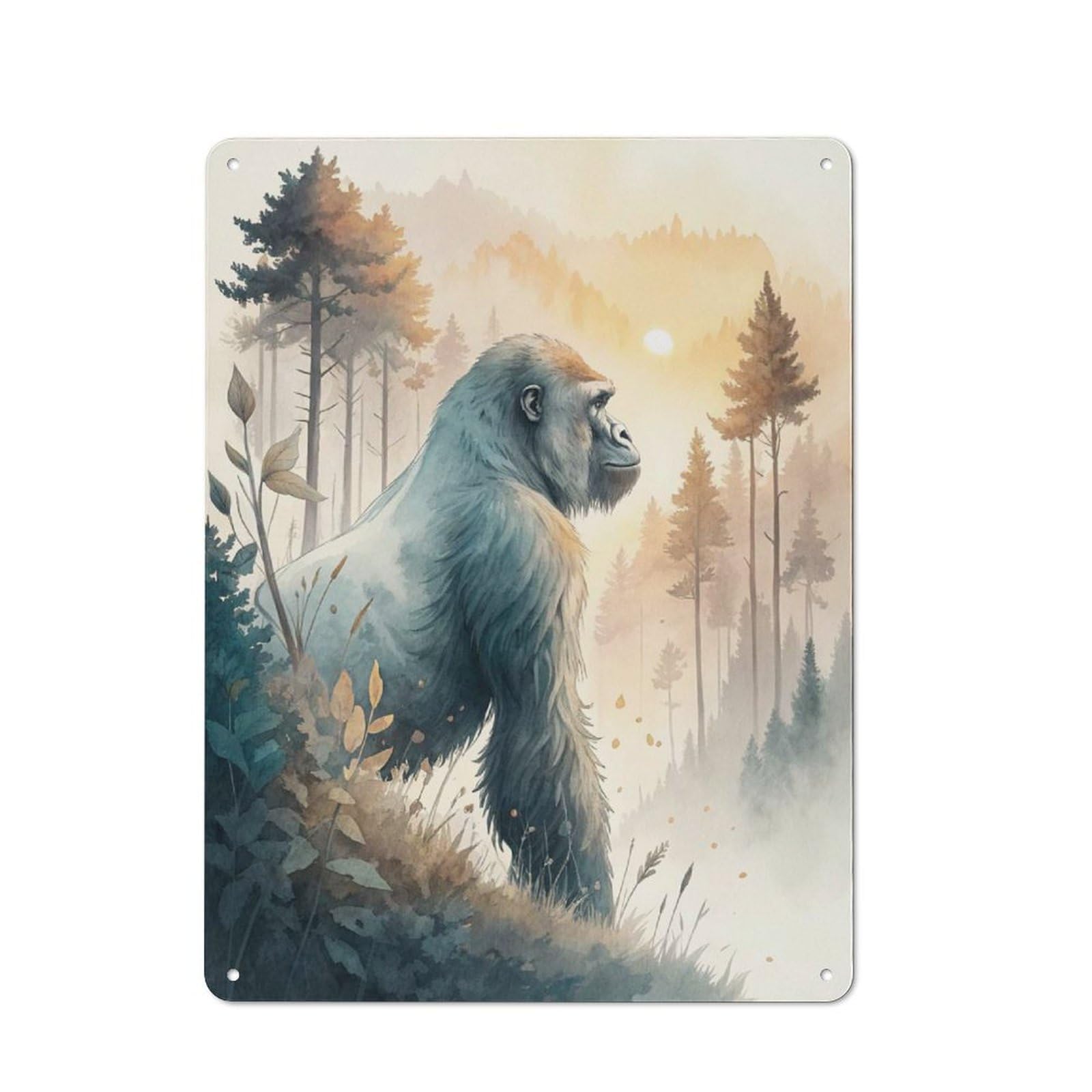 Junmoney Style-12 Gorilla In A Misty Forest At Sunrise Rustic Tin Wall Plaque 40X30cm For Hobby Room Or Studio, A Christmas Gift For People Styling Hobby Room And Studio