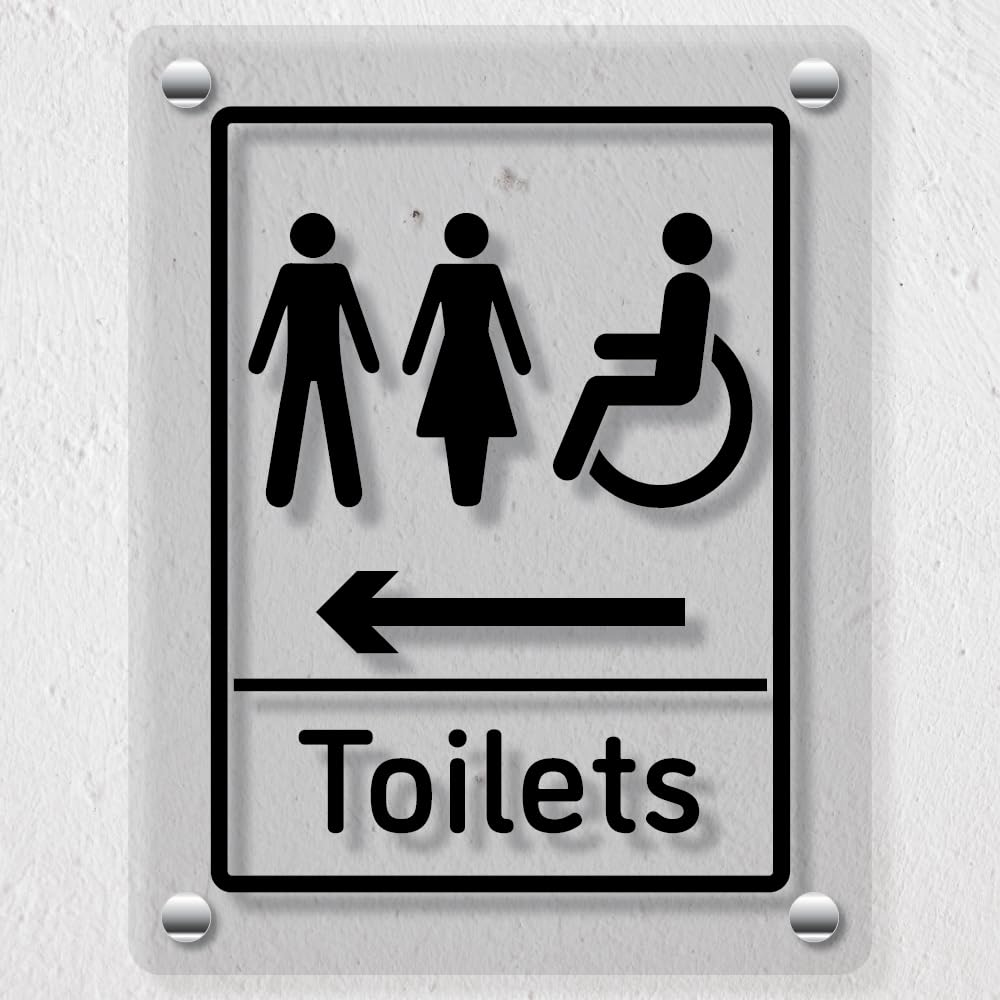V Safety Mixed Toilets Arrow Left - 200 x 300 mm - Acrylic Perspex Cast Clear Safety Sign