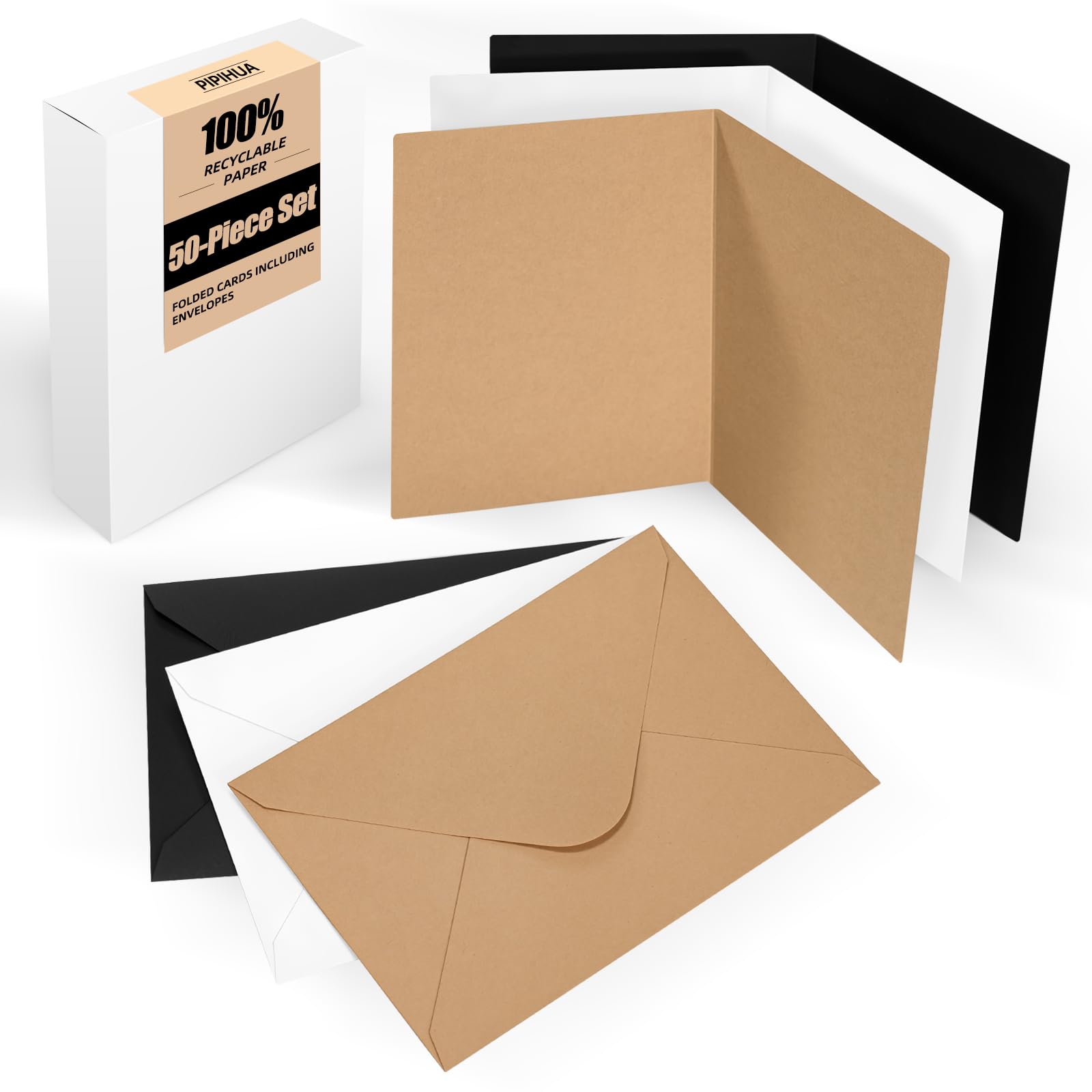Set of 50 Blank Folding Cards with Envelopes: Folding Cards to Design, Write on or Print Yourself for Greeting Cards, Wedding Invitations, Postcards and Handmade Cards – DIN A6/C6, White, Brown, Black