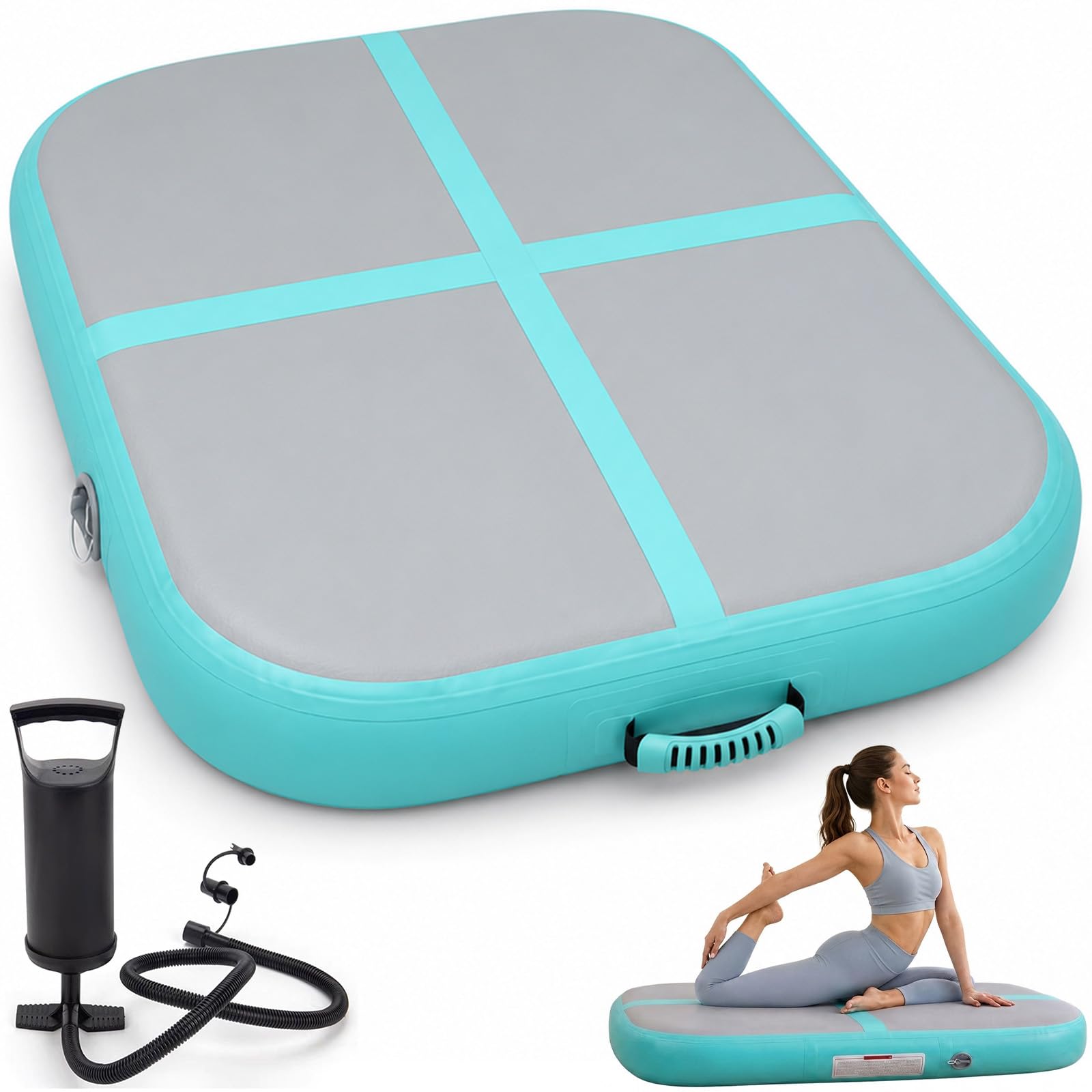 Aufblasbare Gymnastikmatte, Yogamatte Luftkissen Turnmatte aus PVC mit Pumpe, Tragbare Gymnastikblock-Matte mit Tragegriffen, Trainingsmatte für Pilates, Gymnastik, Kampfsport (1 * 1 * 0.2m)