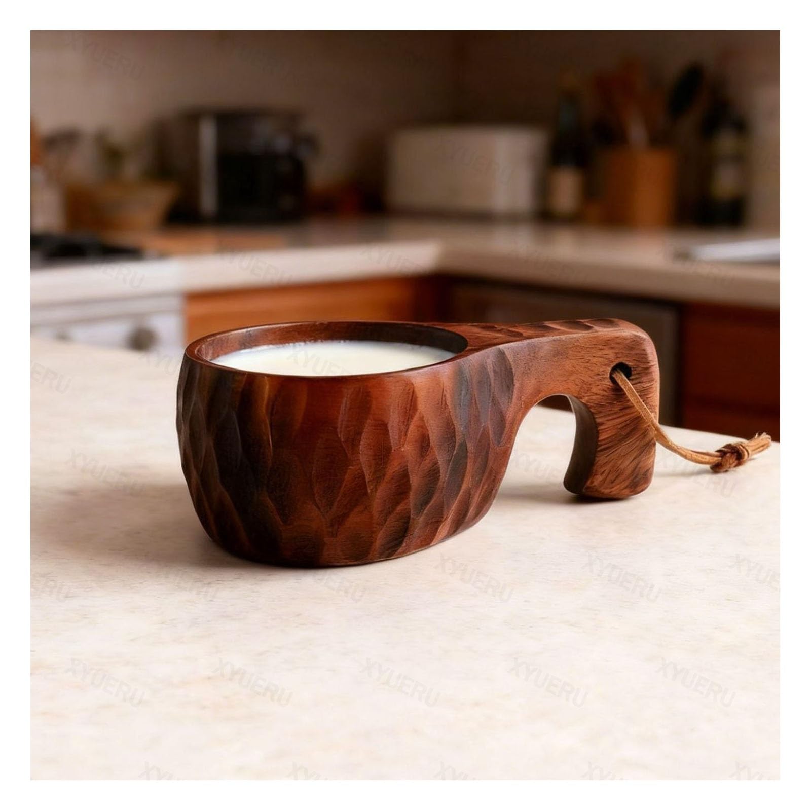 Taza de té de madera con asa, diseño nórdico tradicional, taza de camping hecha a mano con correa para el cuello para uso doméstico y exterior