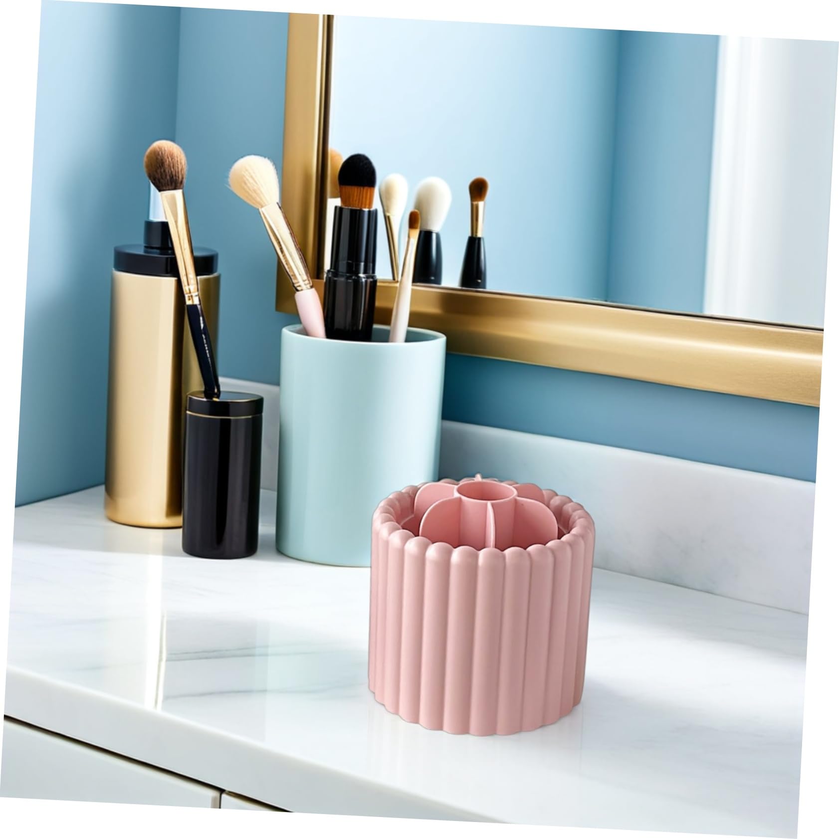 Alipis 2 Pezzi Organizer Rotante per Pennelli Trucco e Porta Penne da Scrivania Contenitori Multifunzione per Bagno e Camera Color Crema e Rosa Design Moderno e Facile da Pulire