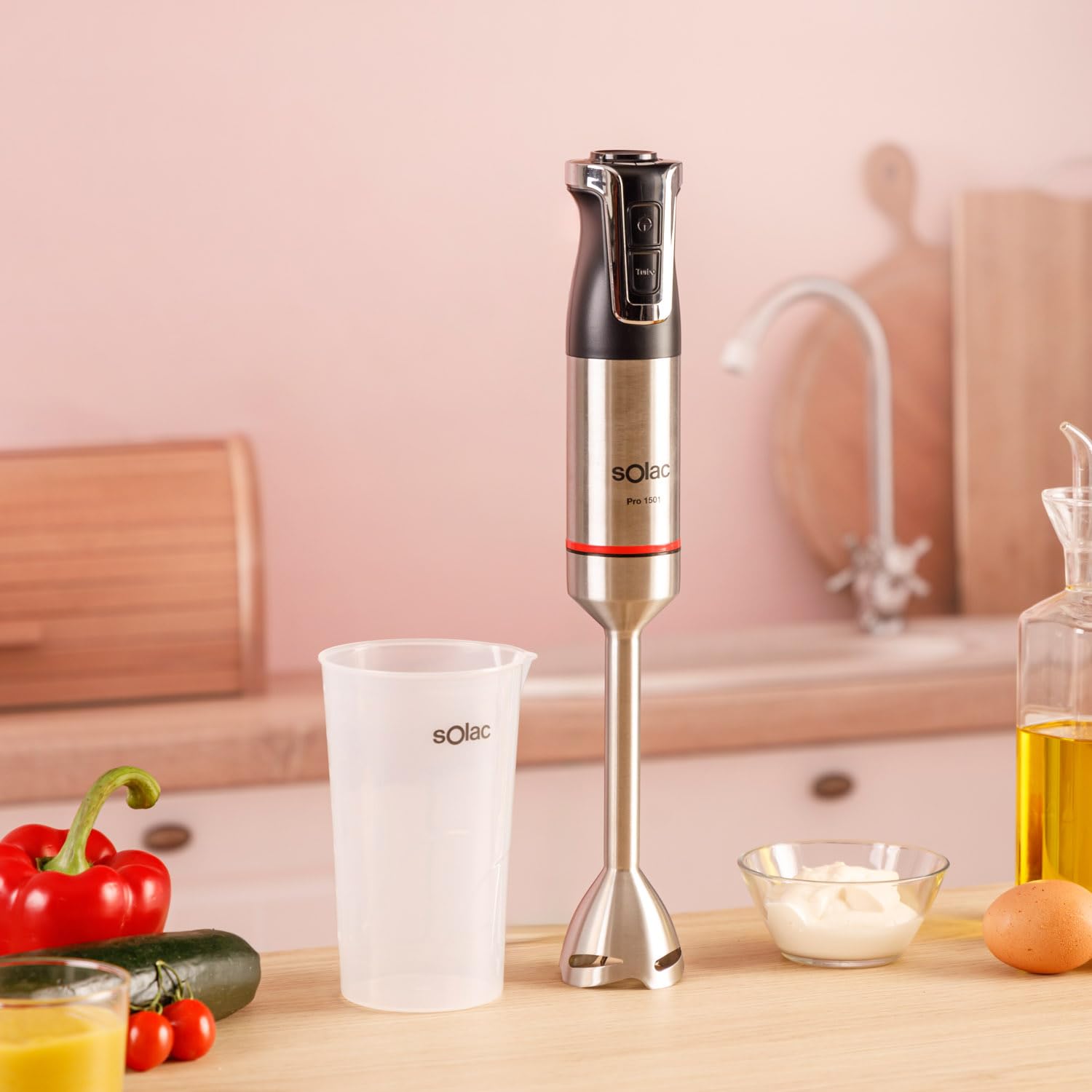 Solac - Batidora de Mano 1500W de Potencia | 20 Velocidades Ajustables + TURBO | 4 Cuchillas de acero inoxidable para purés, batidos, carne y picar hielo | Apto para Lavavajillas | Vaso medidor 700ml