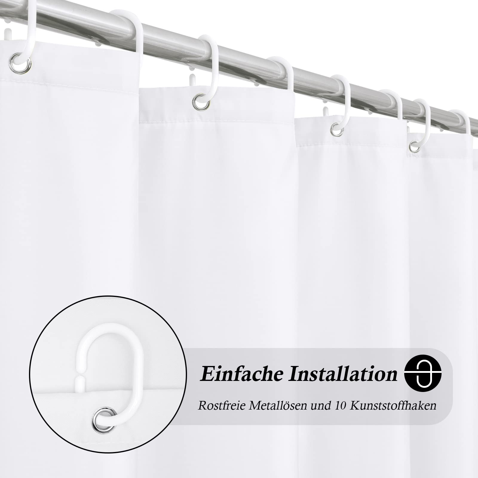 EurCross Tenda da doccia bianca sottile, 150 x 200 cm, in tessuto antimuffa, impermeabile, lavabile, tenda da doccia in bagno, per vasca da bagno con 10 anelli