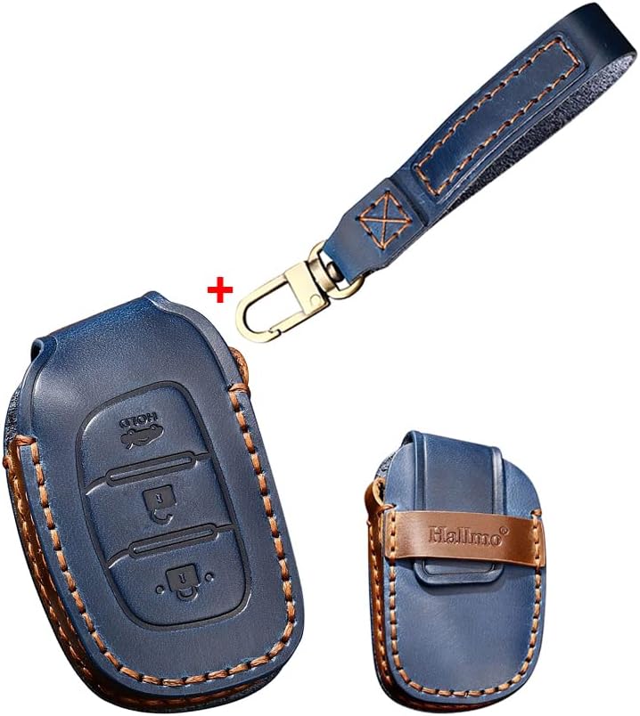 HIBEYO Leder Car Key Fob Cover with Keychain fits for Hyundai Tucson Sonata Fe Creta Mistra Elantra Ioniq Venue Accent Smart Remote Car Key Keyless Entry Holder 3 Buttons Blue B