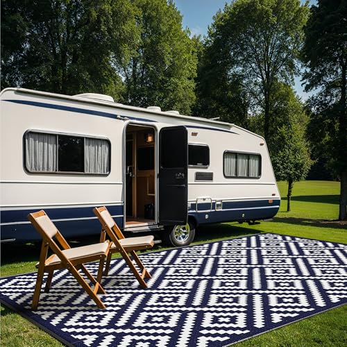Image of GENIMO Outdoor Rug, Waterproof Plastic Rugs 10'x14' for Camping Blue White | Outside Larger Modern Carpet Mat for Patio Decor, RV, Porch, Camper, Deck, Picnic, Beach, Backyard, Reversible, Foldable