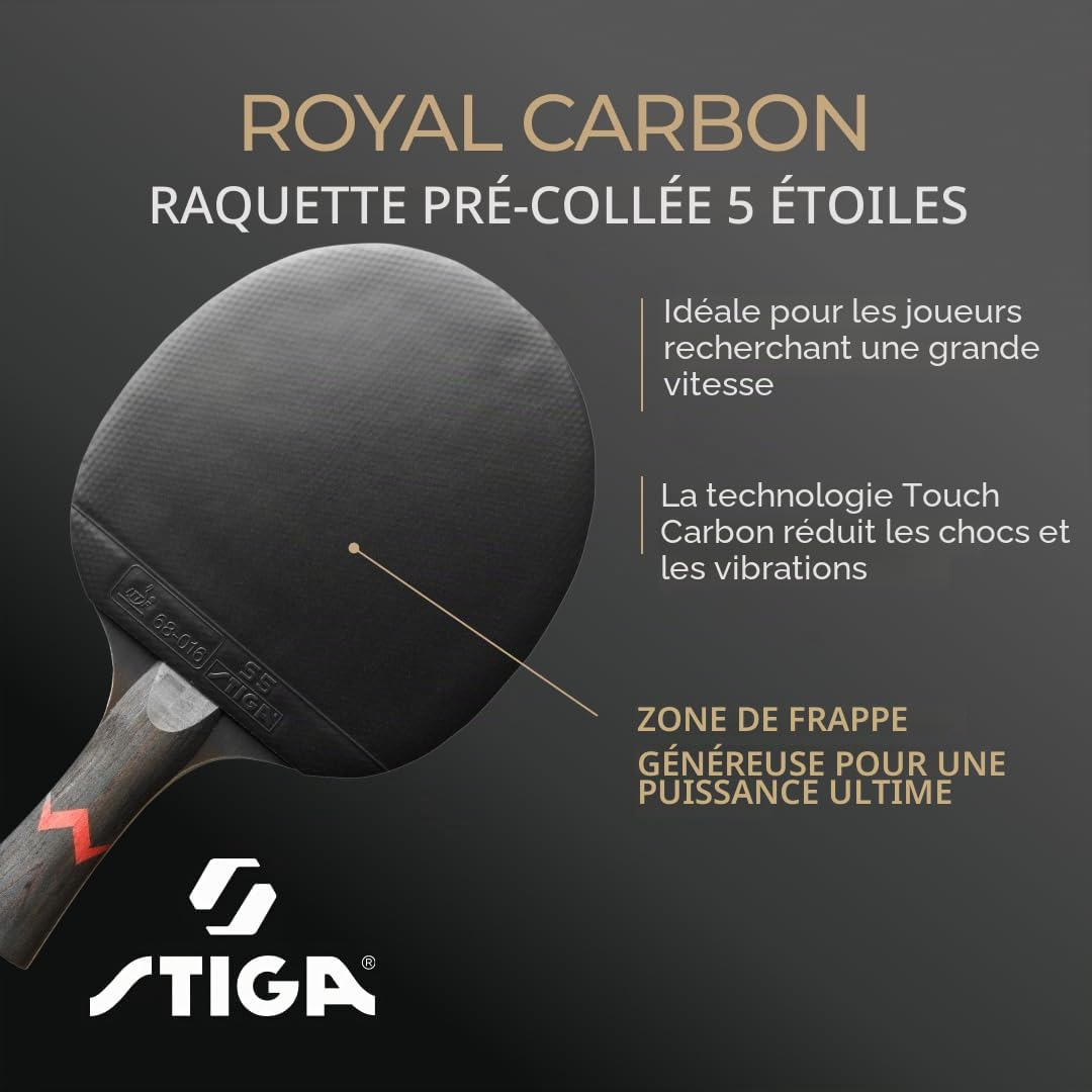 STIGA Raquette de Ping Pong Royal Carbon 5 Star - Raquette de Tennis de Table 5 Étoiles, Bois 5+2 Plis avec Fibre de Carbone, Revêtement ITTF, Technologie Touch Carbon, Manche Concave