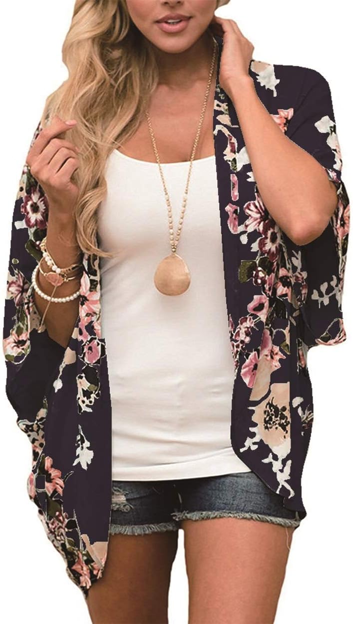 Chunoy Women Floral Kimono Loose Short Sleeve Shawl Chiffon Casual Coat Deep Blue Medium