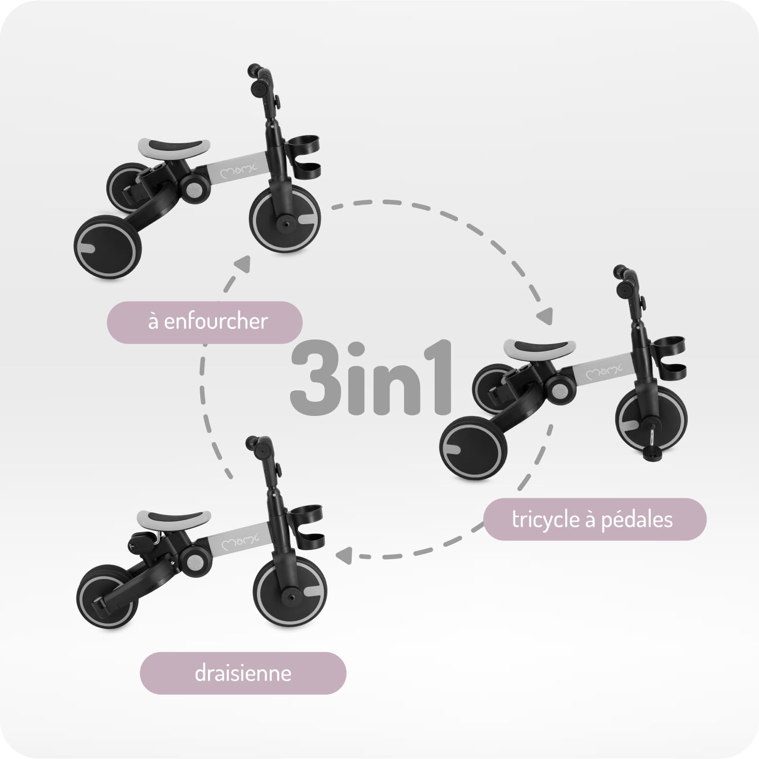 MoMi FILO Tricycle Enfant 3 en 1 Pliable - Vélo Enfant avec ou sans Pédales - Draisienne de 1 à 3 Ans - Selle réglable - Roues en EVA de 7 et 8 Pouces - Jusqu'à 25 kg