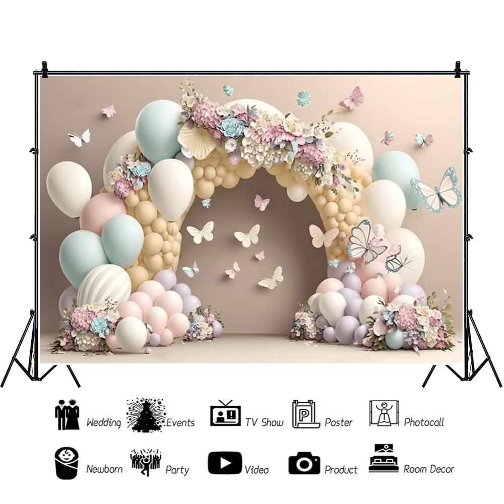 4,5x3m Sfondo fotografico compleanno ragazza 3D colorato palloncino fiore farfalla Sfondo per palloncini con fiori del paese delle meraviglie Bambini ritratto foto studio oggetti di scena