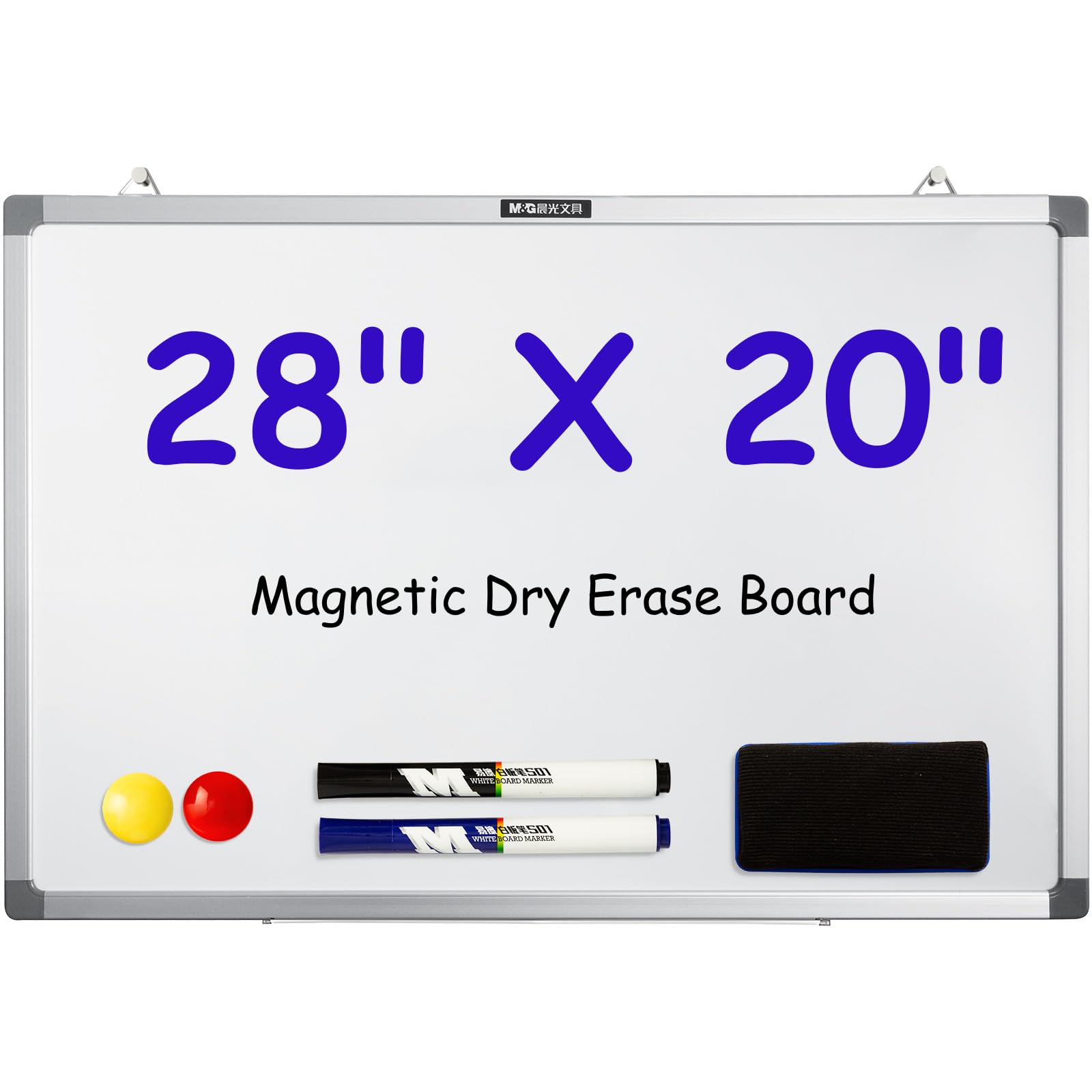 M&G Dry Erase Board Magnetic White Board for Wall, 28” x 20” Whiteboard with 2 Markers & 2 Magnets & 1 Eraser, Hanging Whiteboard with Silver Frame