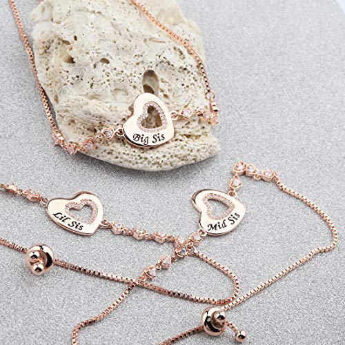 Image of CHOORO Big Mid Lil Sister Copper Bracelet Set for 3 Sister Jewelry Heart Rhinestone Pendant Bracelet Best Friend Gift