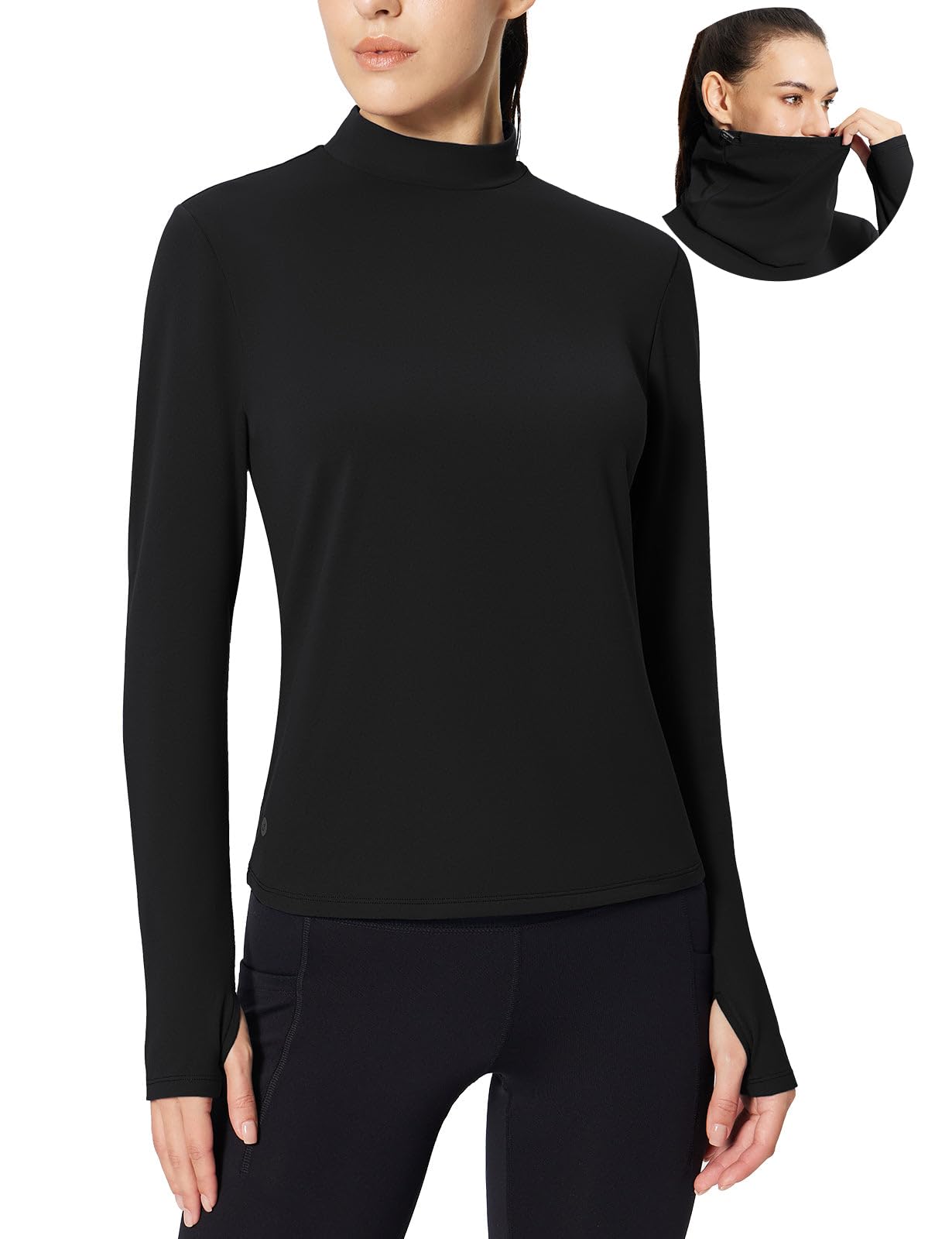 baleaf Women's Thermal Long Sleeve Shirts Fleece Mock Neck Top Warm Undershirts with Detachable Neck Gaiter Thumbholes
