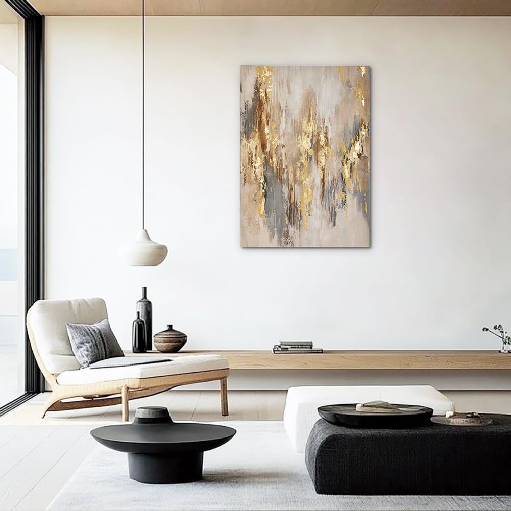 Grande peinture sur toile 70 x 50 cm - Structures dorées - Art abstrait exquis sur fond neutre - Décoration murale pour la maison, l'hôtel, le bureau