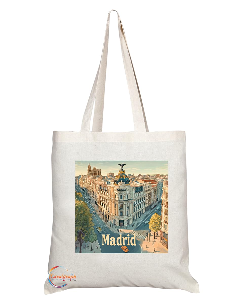 Coralgraph Inc Natural Reusable Shopping Souvenir Tote Bag Featuring Popular Cities and Capitals from Europe and Around the World (Madrid)