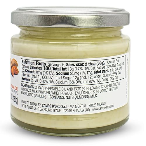 Miniatura 2 de Mantequilla de Almendra, Crema Dulce de Almendras para Untar, (6.35oz - 180 g). Producto de Italia, fabricado en Sicilia. Sin OMG, Campo D'Oro