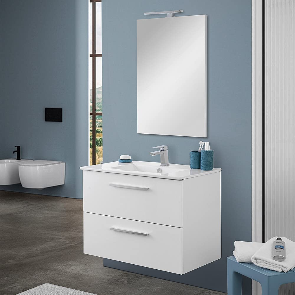 Inbagno Mobile Bagno sospeso 80 cm, Bianco Lucido 2 cassetti, Completo di lavabo e Specchio