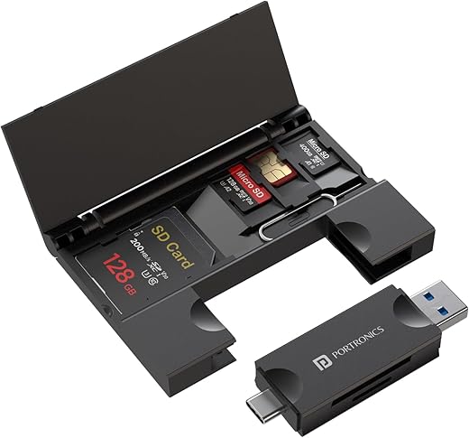 Portronics Mport 30 Plus Card Reader with Storage Case for microSD & SD Cards, Type-C & USB Dock Dual Plugs, Carry Case for microSD, SD, SIM Cards...