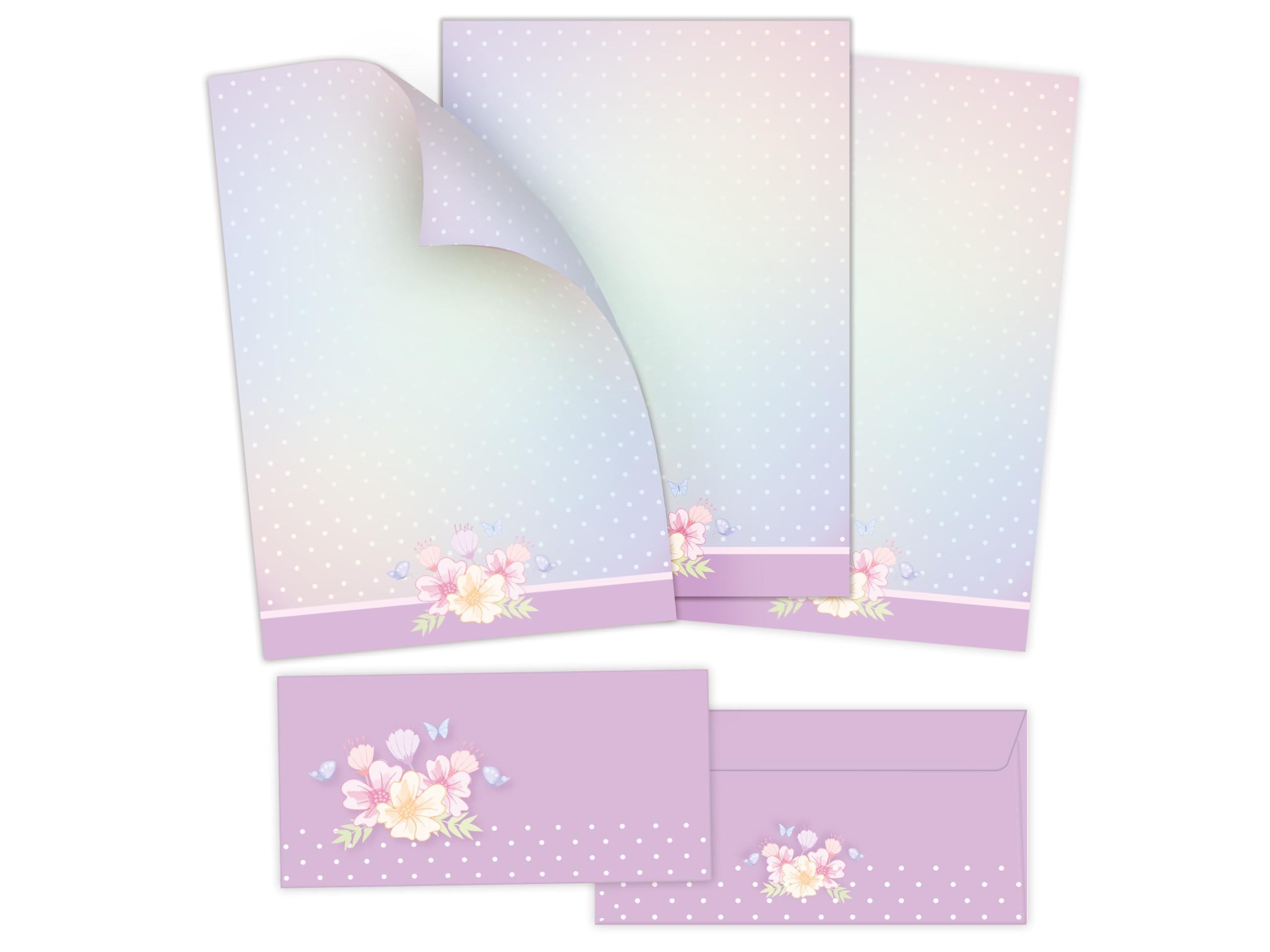 Briefpapier-Set 250 Druckerpapier DIN A4 + 250 Umschläge DIN-lang haftklebend Motiv Punkte lila beidseitig beschriftbar und bedruckbar für Einladung Briefpost Firmenpost Urkunde Zertifikate