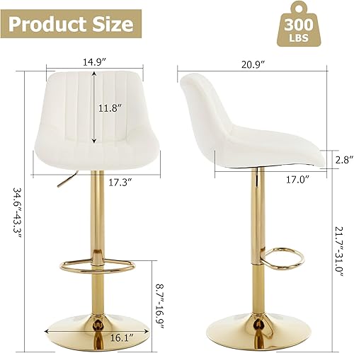 Miniatura 2 de Juego de 3 taburetes de bar ajustables de terciopelo, modernos taburetes giratorios con respaldo, base de metal dorado y reposapiés, sillas de bar