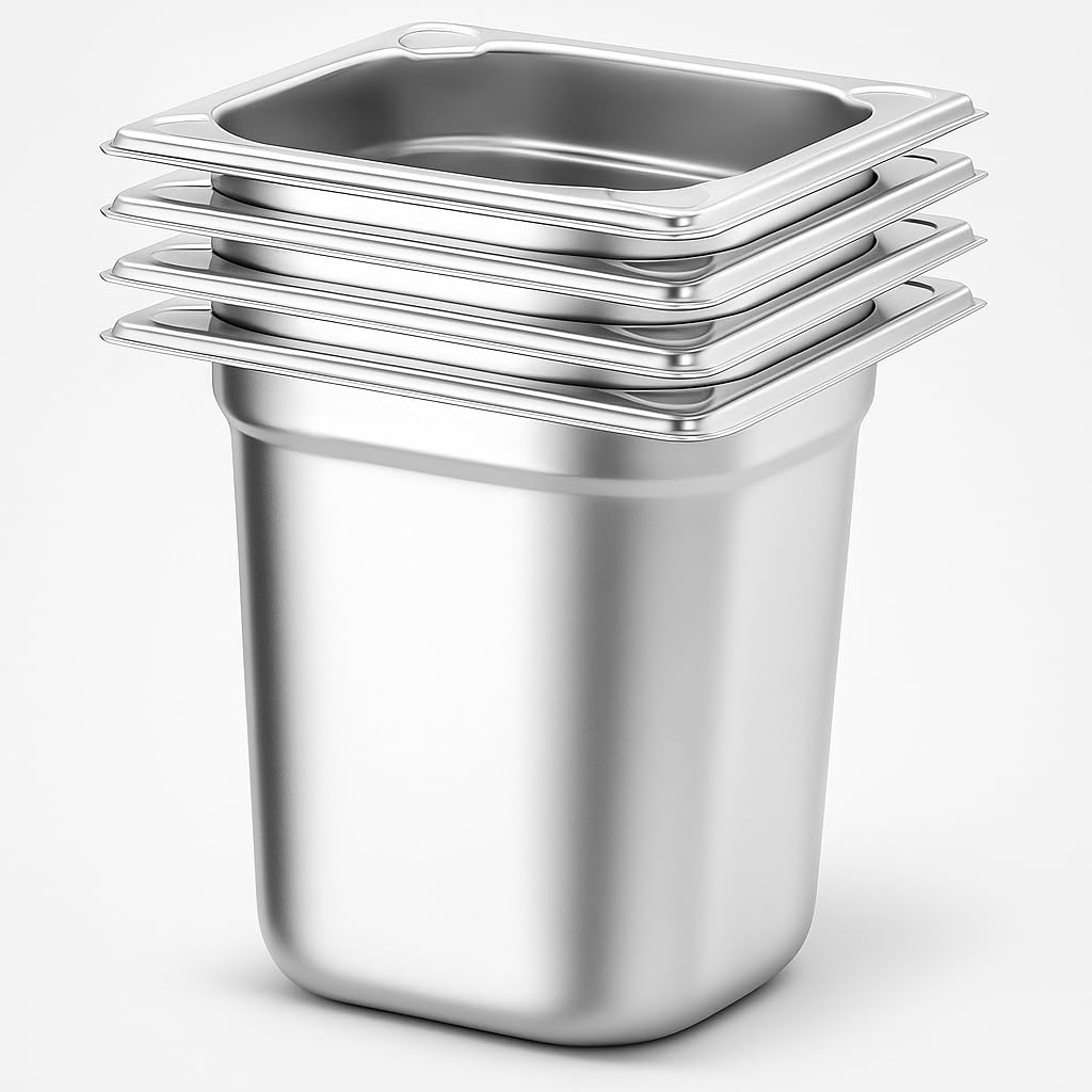 Lot de 4 couvercles Gastronormes GN 1/6 en Inox 201 – Bacs Gastro Professionnels pour Restauration, Cuisine Collective, Traiteurs et Hôtels (150 mm 2,4 L)