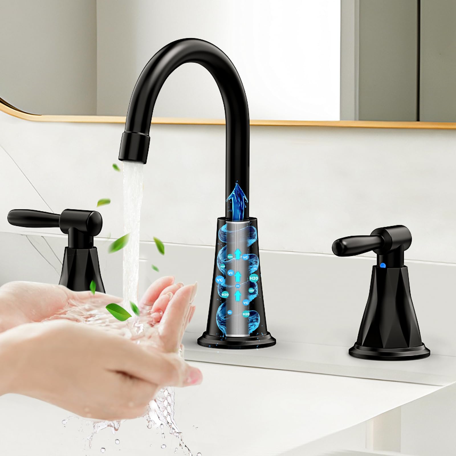 Bathroom Faucets with Filter, Widespread Black Bathroom Sink Faucet for 3 Holes with Pop-up Drain Assembly, Two Handle Vanity Faucet (Classic)