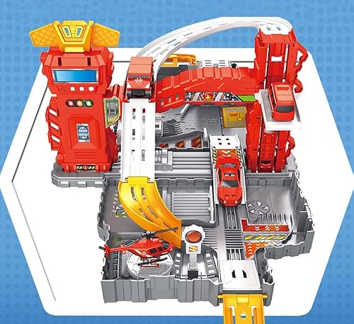 Miniatura 4 de Maleta portátil centro de control de incendios juguetes de estacionamiento simulan fuego, juego con lavado de autos de garaje, elevador y más para