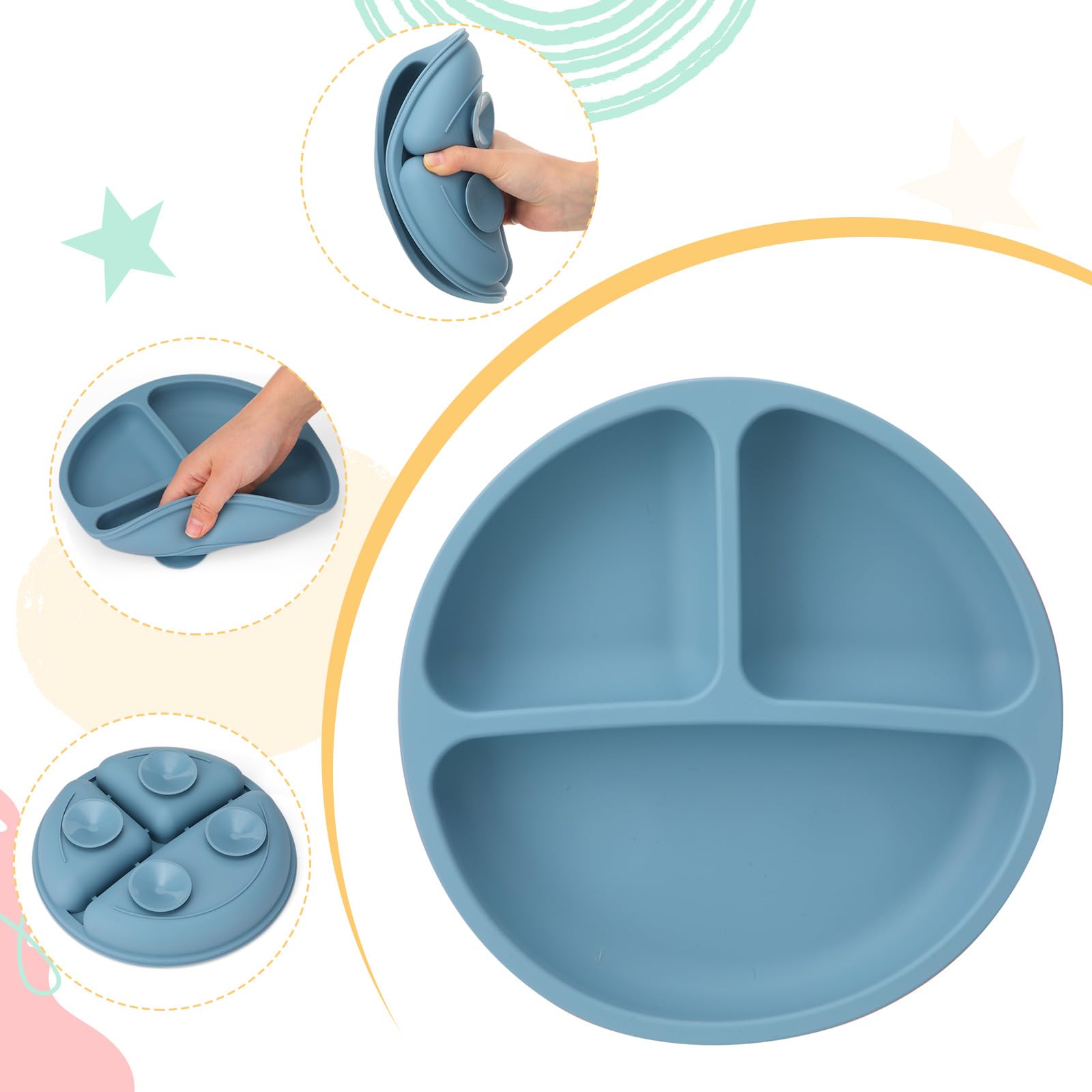 Zhehao 21 Pcs Baby Led Weaning Supplies Silicone Baby Self Feeding Dish Set Divided Suction Plates with Lids Suction Bowl Adjustable Bib Straw Sippy Cup Spoon Fork Toddler Eating Utensil Set