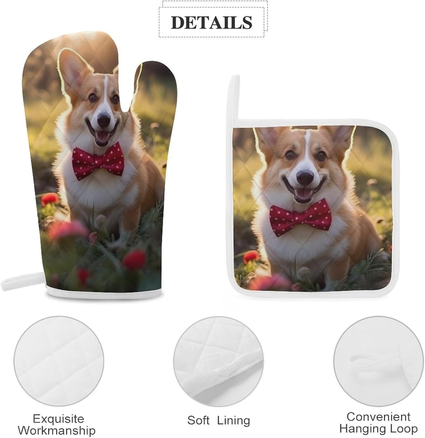 Corgi Dog 4 Pcs Oven Mitts and Pot Holders Set High Heat Resistant Long Kitchen Oven Glove Potholders