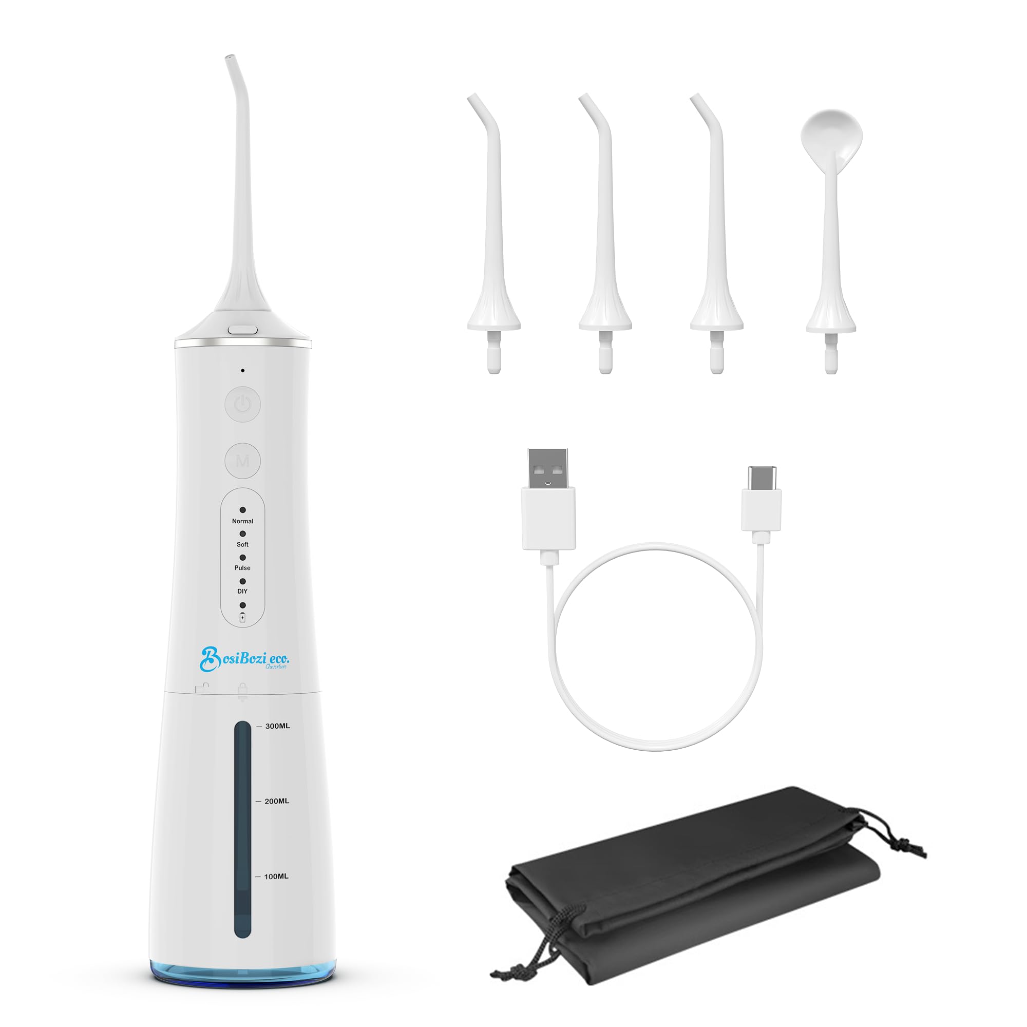 BosiBozi - Hilo dental recargable para dientes, 4 modos, inalámbrico y portátil, tanque de 300 ml, hilo dental impermeable IPX7, cable de carga USB-C, 3 cabezales de chorro, 1 raspador de lengua