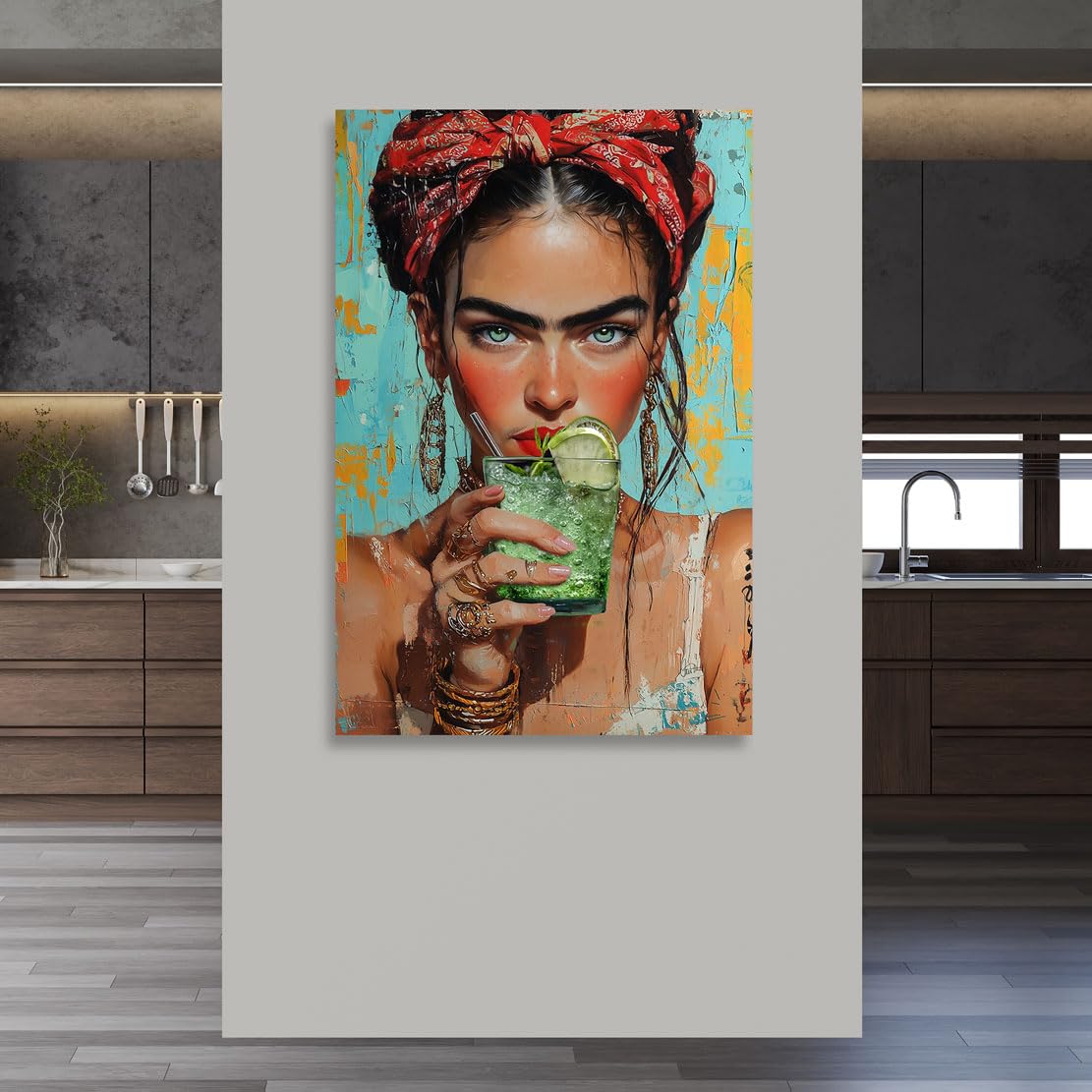 Kunstgestalten24 | Frida Kahlo Wandbild auf Leinwand – Pop Art Porträt mit Drink & Kopftuch im Kunstdruck auf Echtholz-Keilrahmen – Kunst für Wohnzimmer Büro | 80x120cm, 2cm Rahmentiefe