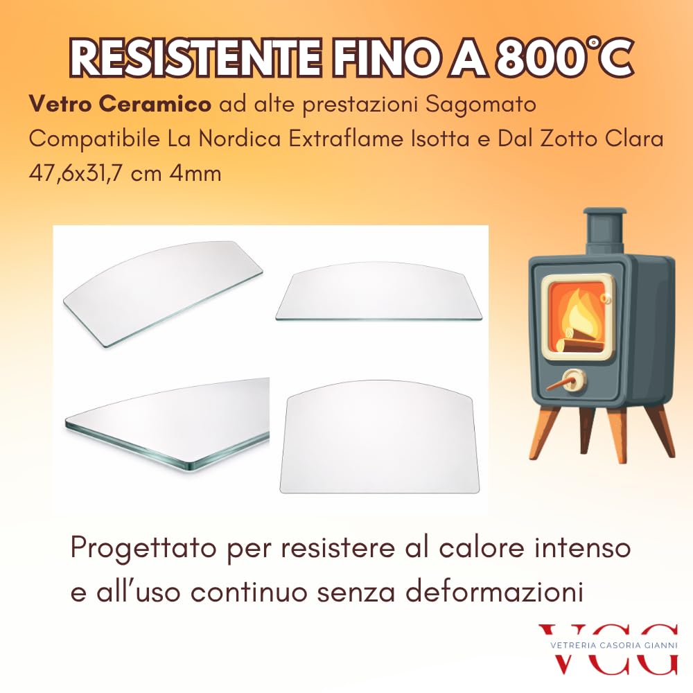 Vetro Ceramico Sagomato Universale 47,6x31,7 cm 4mm Compatibile La Nordica Extraflame Isotta e Dal Zotto Clara | Ricambio Vetro Stufa Resistente 760° Camino Stufa a Pellet Certificato