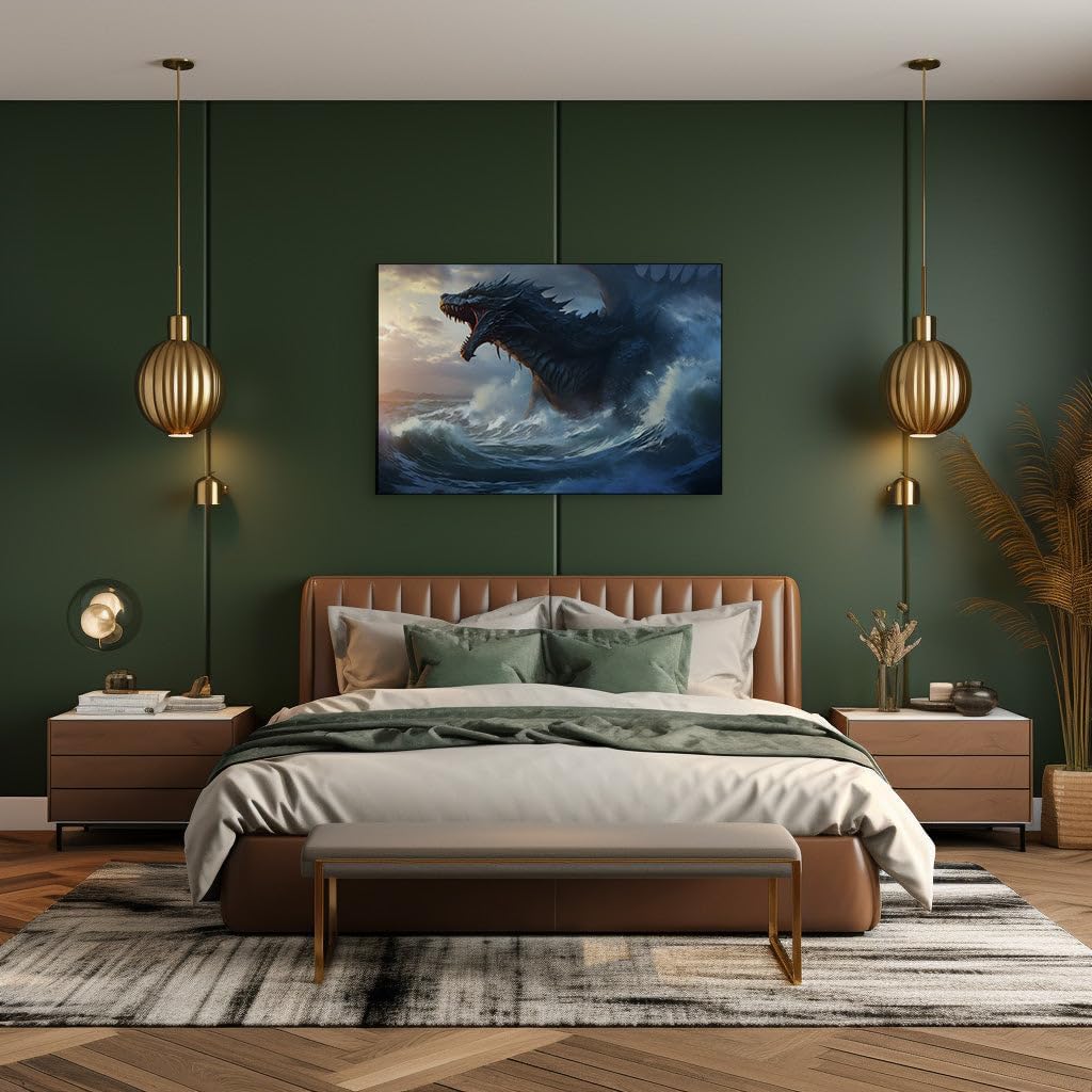 Canvas for Living room. Unleashing the Fury of the Sea - The Majestic Black Dragon Amidst Roaring Tides, 27 x 18 inch Canvas Wall Art - Ready to Hang