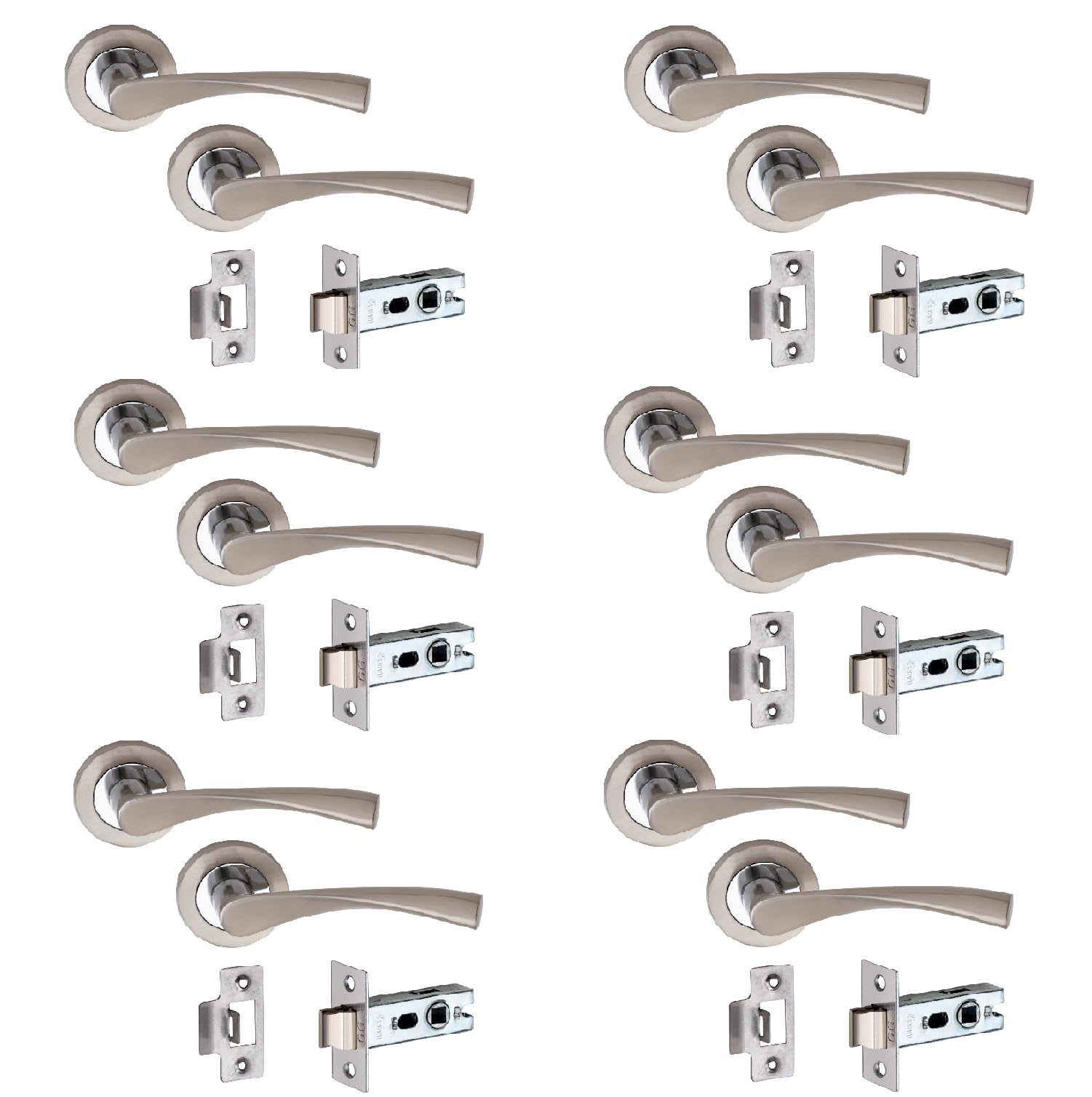 Golden Grace Astrid Design Door Handles on Round Rose in Duo Chrome Finish with 2.5" Tubular Latch, 6 Pairs - 52mm Diameter