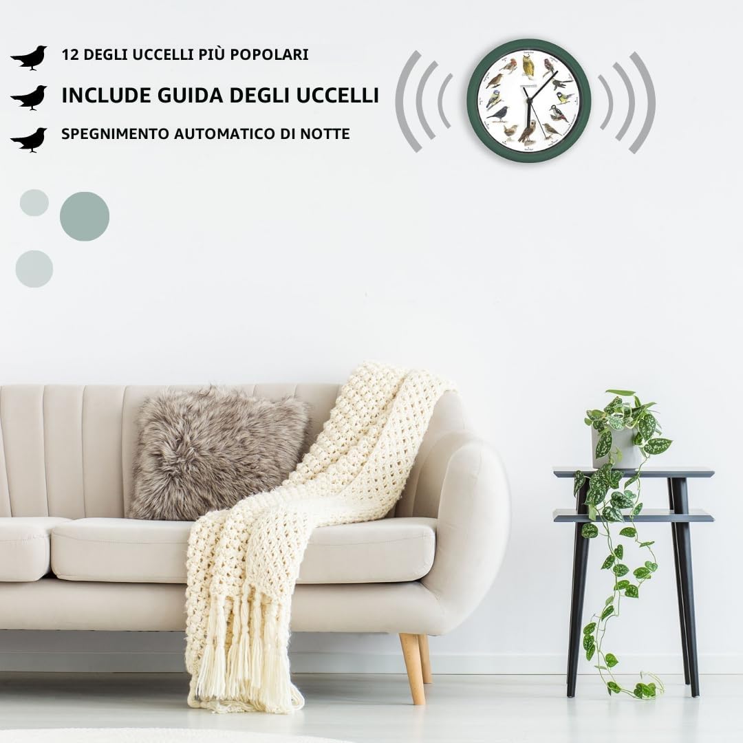 STARLYF Orologio da parete Birdsong Clock, Con suoni reali di 12 diversi uccelli, calendario del silenzio di notte, Ogni ora canta uno dei 12 uccelli canori locali, 25 cm di diametro