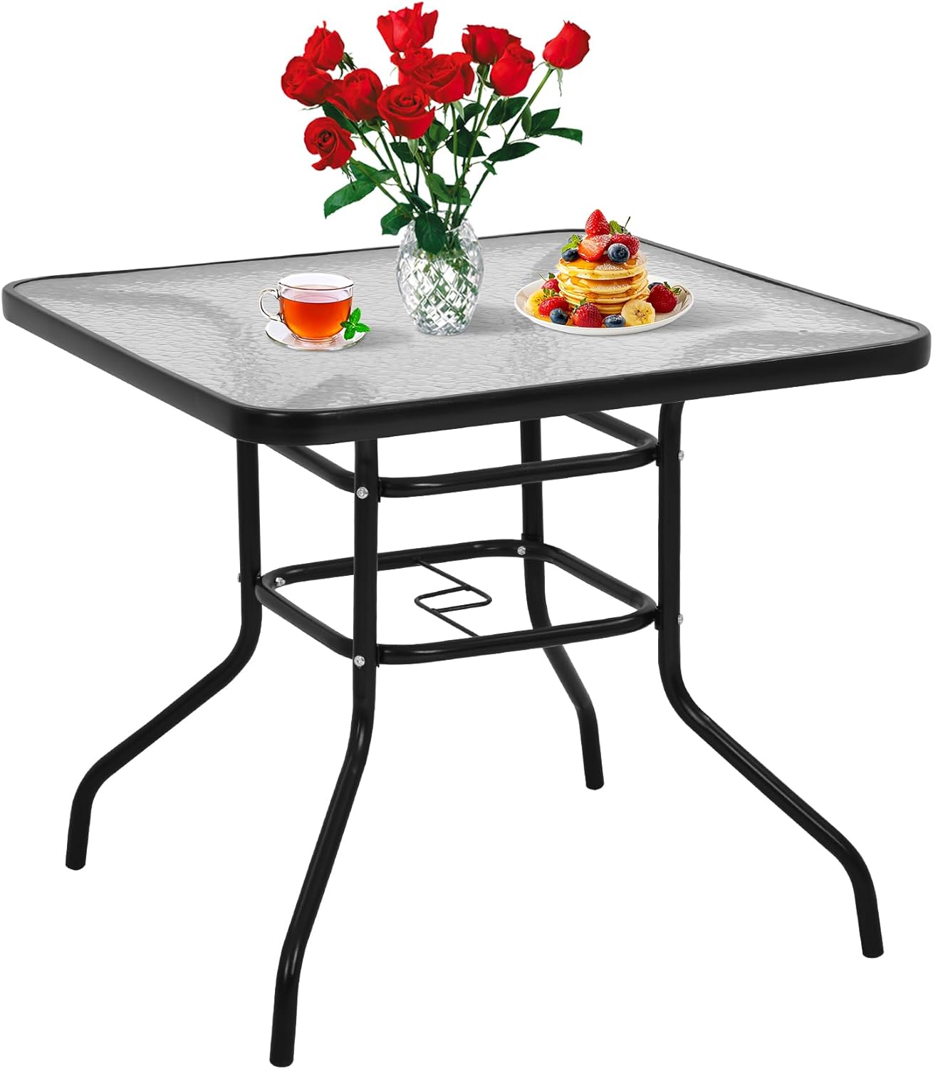 32" Square Bistro Table Outdoor Glass Patio Table with Umbrella Hole, Garden Tables Patio Coffee with Tempered Glass Top, Glass Side Table for Backyard Lawn Balcony Pool, Black