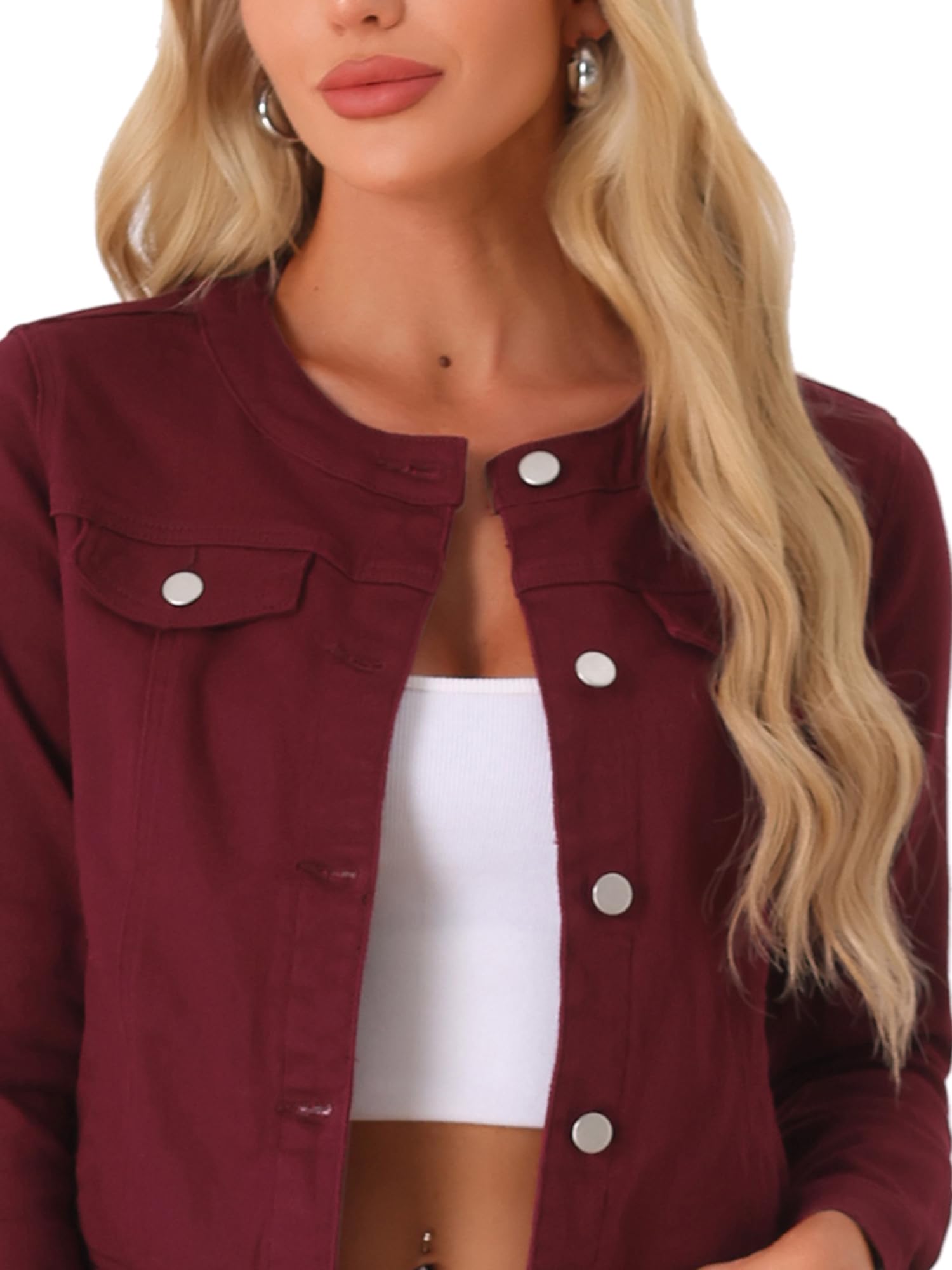 Allegra K Damen Langarm Kragenlos Knopfleiste Jeansjacke Denim Jacke